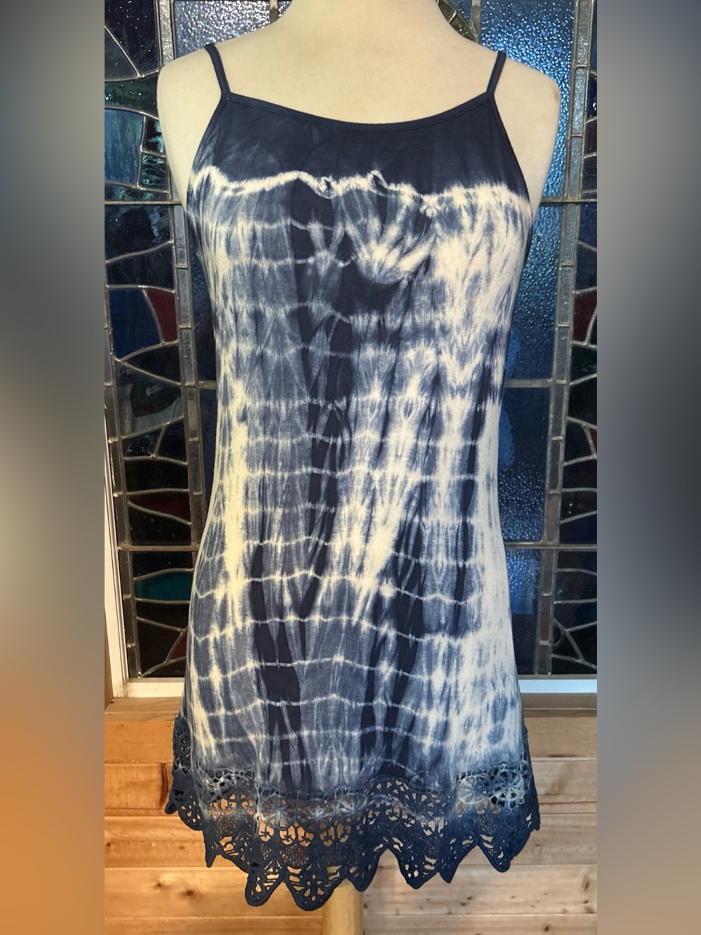 Layering Tank Slip DressTunic Navy & White Tie-Dye Spaghetti Strap Cami